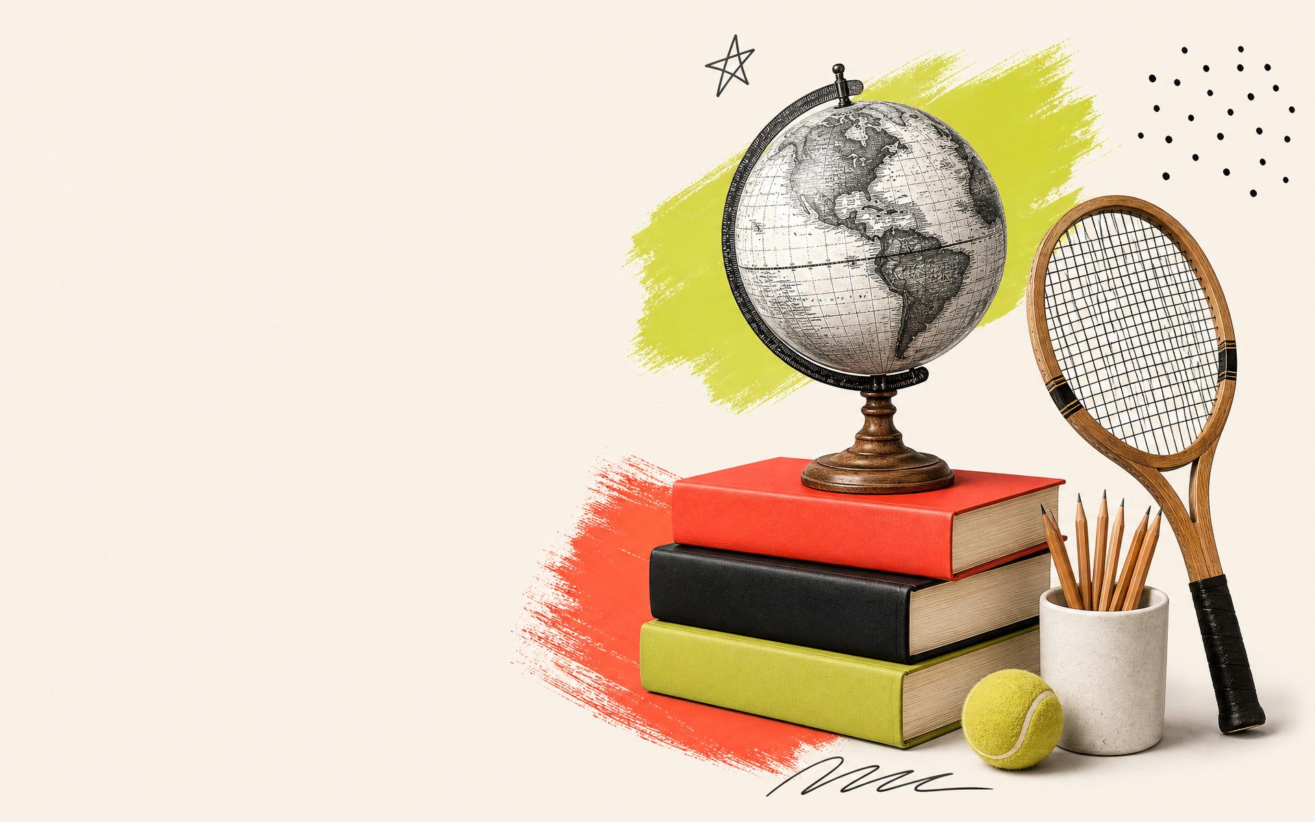 Editorial stilleben – jordglob, böcker, pennor och tennisrack